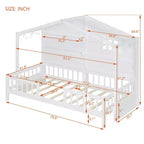 Lit cabane double avec étagères de rangement et barrières, cadre de lit Montessori en bois pour enfants avec fenêtre et bande lumineuse scintillante