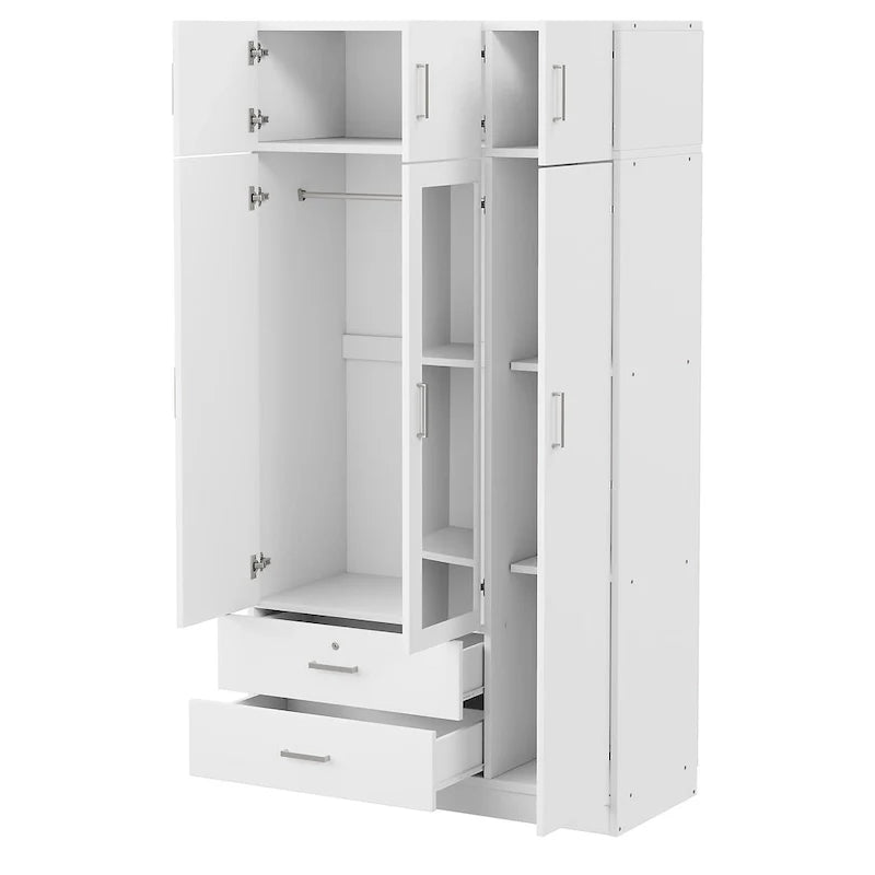Armoire penderie miroir 3 portes avec 2 tiroirs et meuble haut
