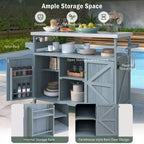 Îlot de cuisine d'extérieur Okak avec plateau en acier inoxydable, chariot de cuisine en bois avec portes, étagères et porte-épices, îlot de cuisine roulant