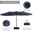 Parasol de marché extérieur rectangulaire de 4,5 m avec manivelle, double face, lumières LED solaires et base incluse