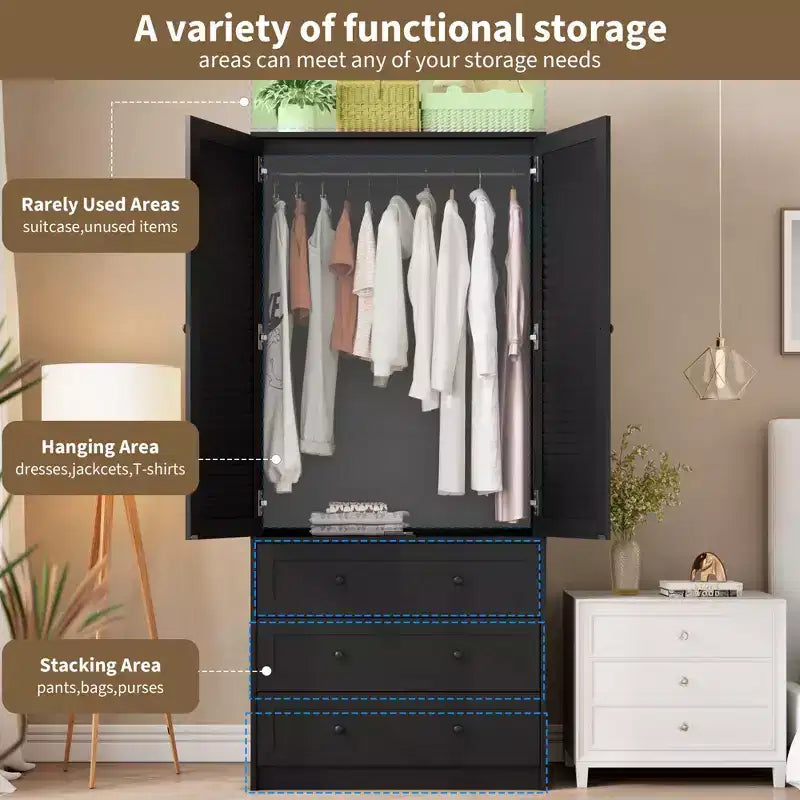 COZONY Armoire penderie avec 3 tiroirs et 2 portes, Placard de rangement moderne en bois pour chambre à coucher, Armoire sur pied blanche robuste