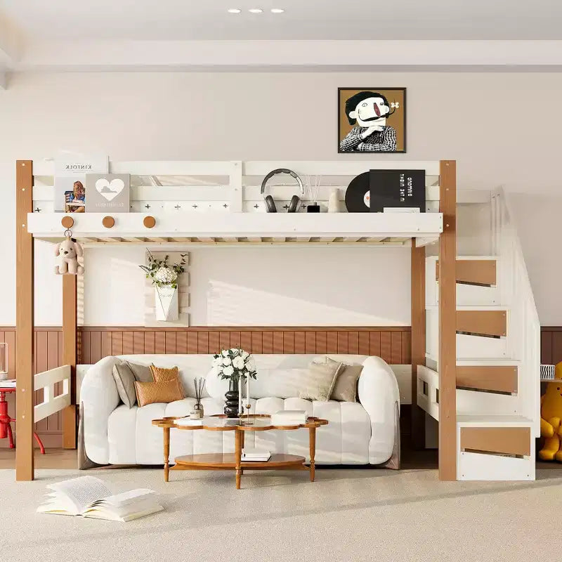 Lit mezzanine moderne avec crochet à vêtements, étagères de rangement et espace sous le lit