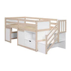 Lit mezzanine jumeau Okak en bois massif avec escalier et rangement, lits superposés jumeaux à profil bas avec tiroirs et étagères, lits mezzanine multifonctionnels pour enfants et adolescents