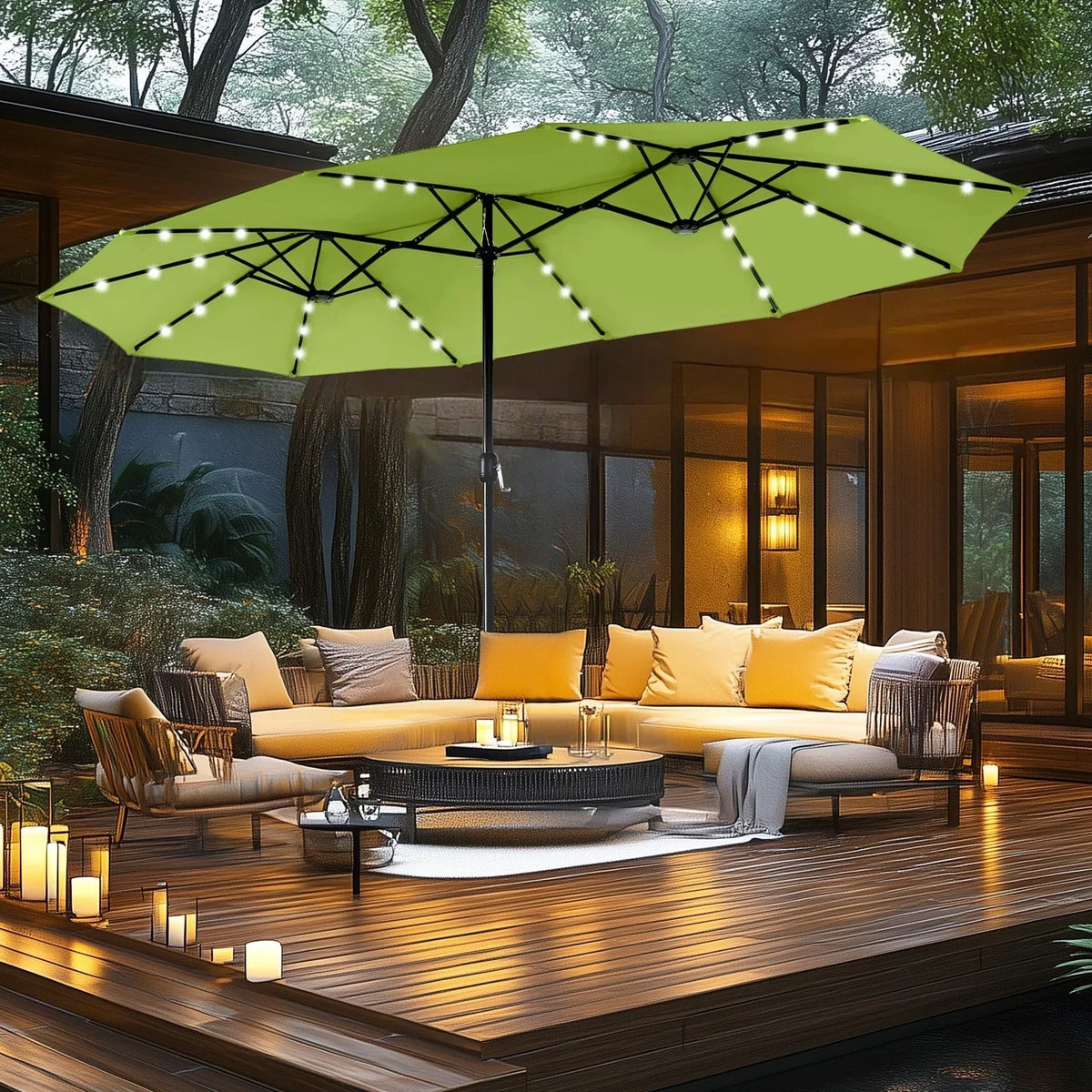 MAISON ARTS Parasol excentré rectangulaire de 4,5 m avec manivelle, parasol de marché double face d'extérieur avec lumières LED solaires et base incluse