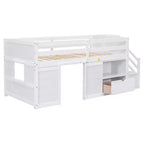Lit mezzanine bas en bois massif, taille double, avec escalier, tiroir et étagère, design moderne et épuré, 94,6 L x 42,3 l po