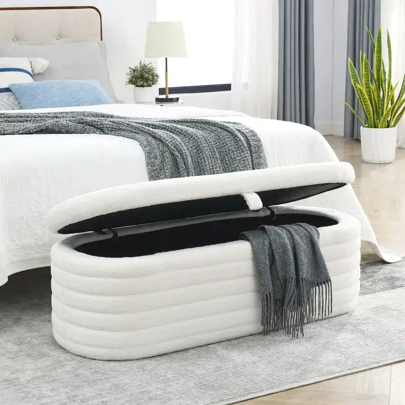 Banc de rangement en tissu Teddy, tabouret de bout de lit avec charnière de sécurité
