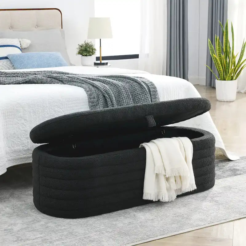 Banc de rangement en tissu Teddy, tabouret de bout de lit avec charnière de sécurité