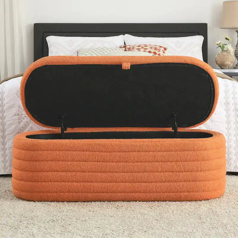 Banc de rangement en tissu Teddy, tabouret de bout de lit avec charnière de sécurité
