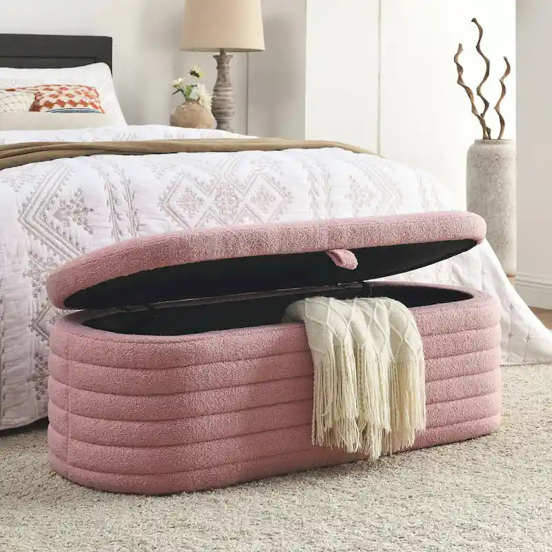 Banc de rangement en tissu Teddy, tabouret de bout de lit avec charnière de sécurité