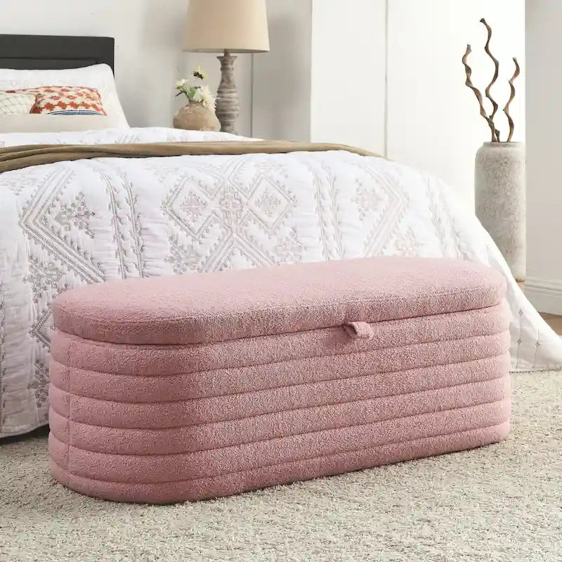 Banc de rangement en tissu Teddy, tabouret de bout de lit avec charnière de sécurité