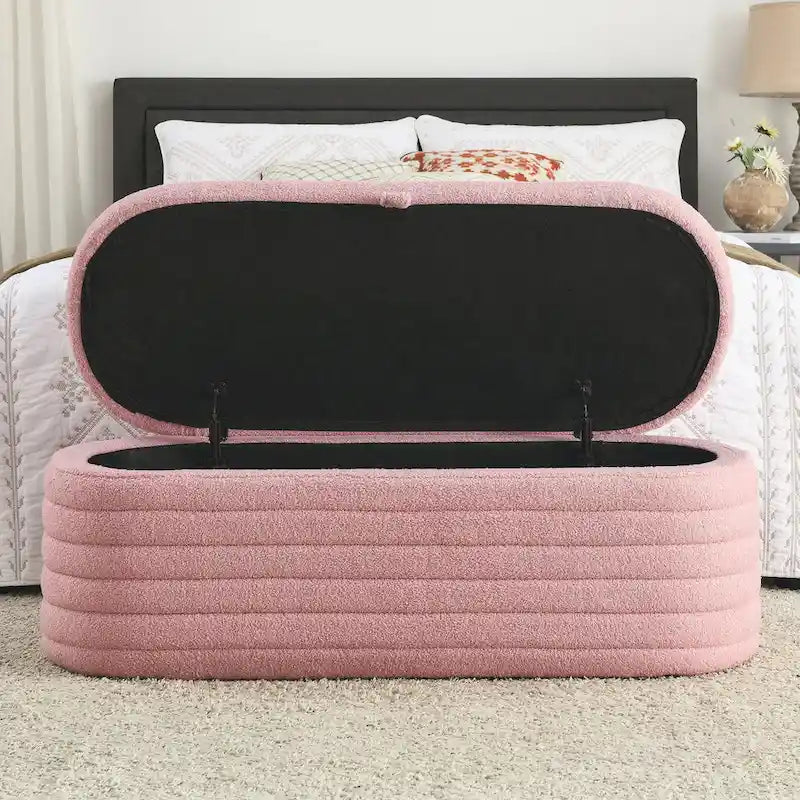 Banc de rangement en tissu Teddy, tabouret de bout de lit avec charnière de sécurité