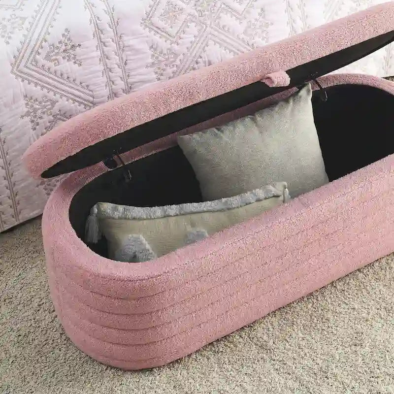 Banc de rangement en tissu Teddy, tabouret de bout de lit avec charnière de sécurité