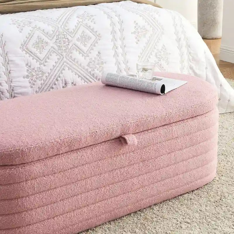 Banc de rangement en tissu Teddy, tabouret de bout de lit avec charnière de sécurité