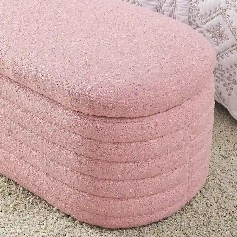 Banc de rangement en tissu Teddy, tabouret de bout de lit avec charnière de sécurité
