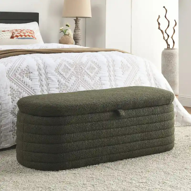 Banc de rangement en tissu Teddy, tabouret de bout de lit avec charnière de sécurité