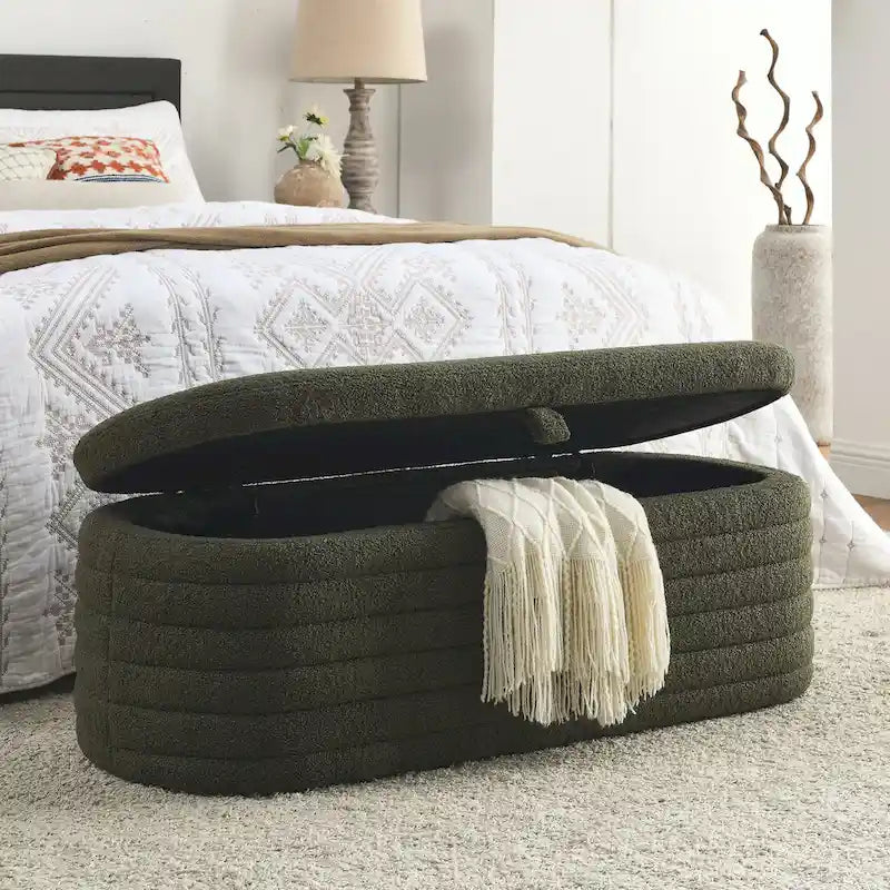 Banc de rangement en tissu Teddy, tabouret de bout de lit avec charnière de sécurité