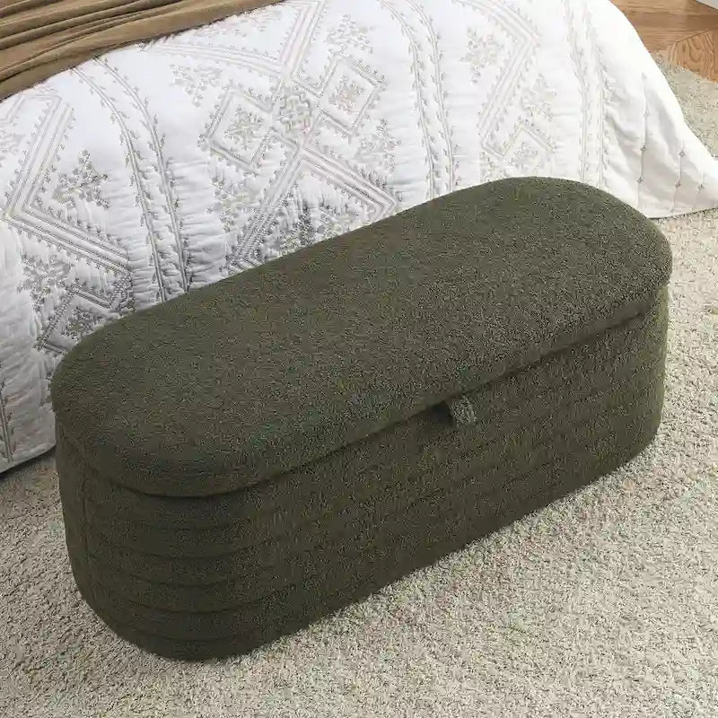 Banc de rangement en tissu Teddy, tabouret de bout de lit avec charnière de sécurité