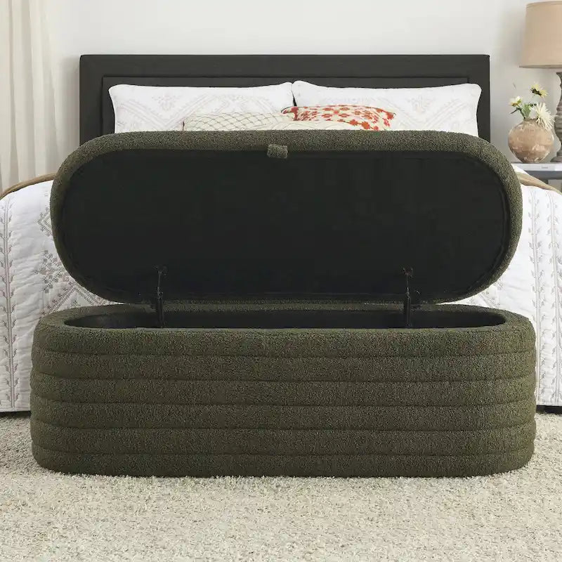 Banc de rangement en tissu Teddy, tabouret de bout de lit avec charnière de sécurité