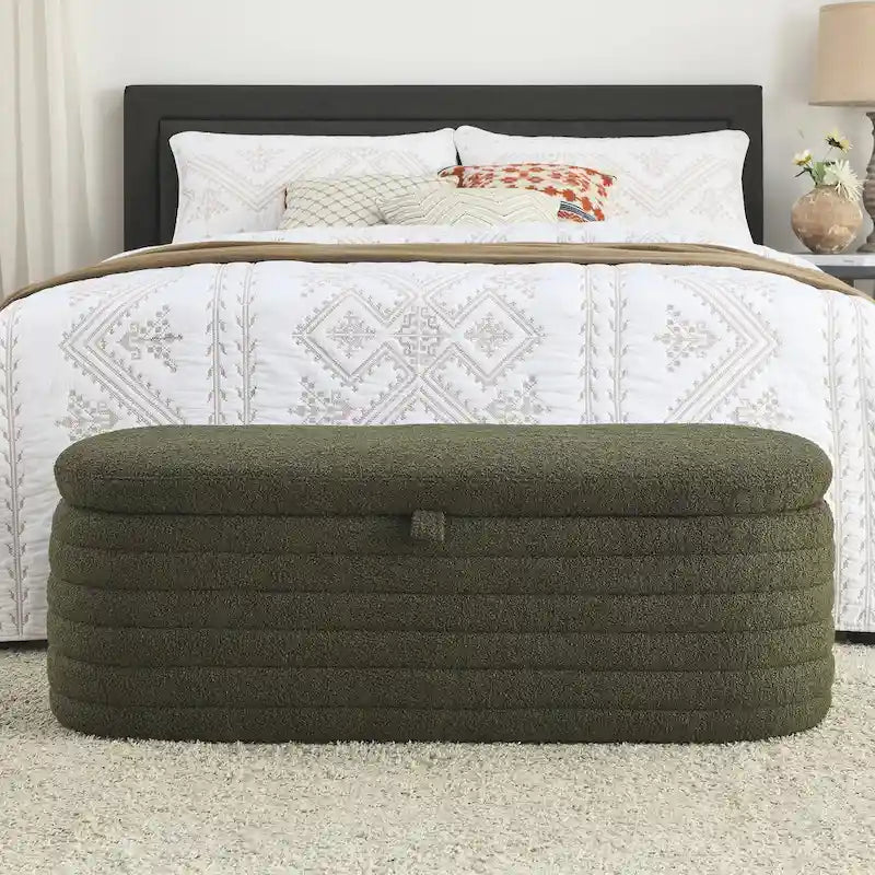 Banc de rangement en tissu Teddy, tabouret de bout de lit avec charnière de sécurité