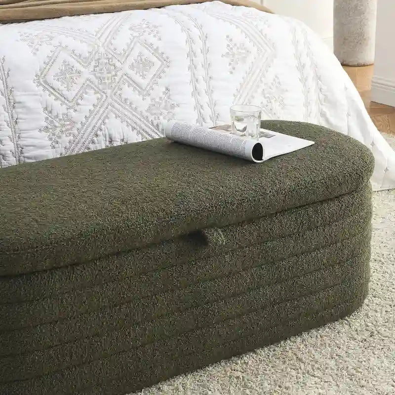 Banc de rangement en tissu Teddy, tabouret de bout de lit avec charnière de sécurité
