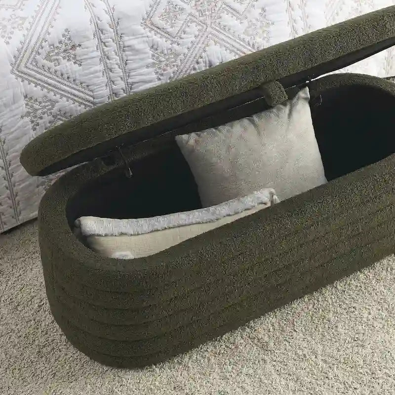 Banc de rangement en tissu Teddy, tabouret de bout de lit avec charnière de sécurité