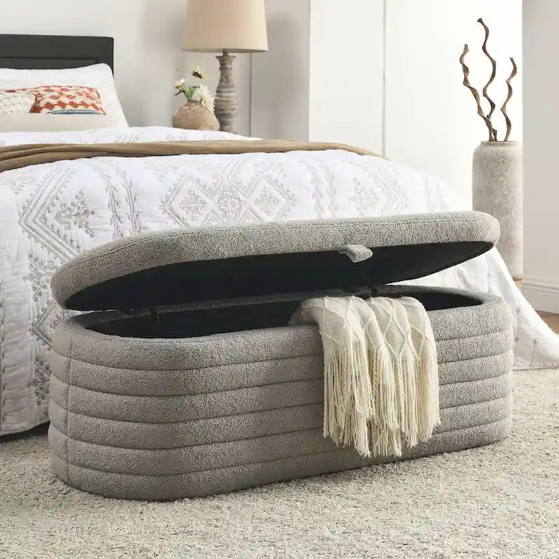 Banc de rangement en tissu Teddy, tabouret de bout de lit avec charnière de sécurité