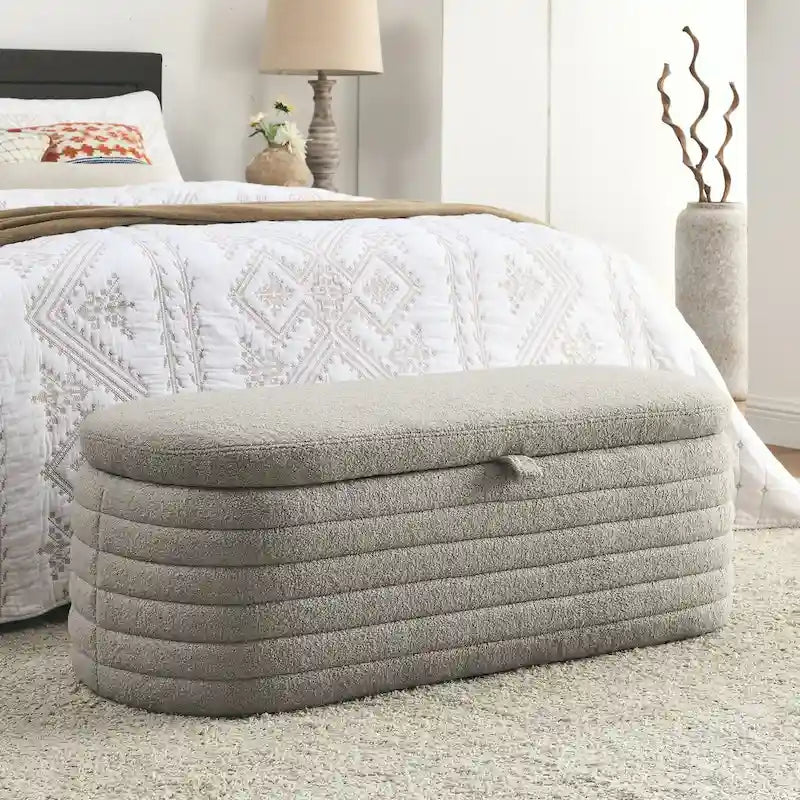 Banc de rangement en tissu Teddy, tabouret de bout de lit avec charnière de sécurité