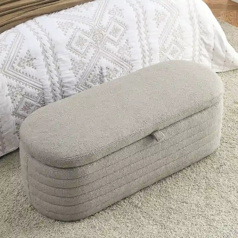 Banc de rangement en tissu Teddy, tabouret de bout de lit avec charnière de sécurité