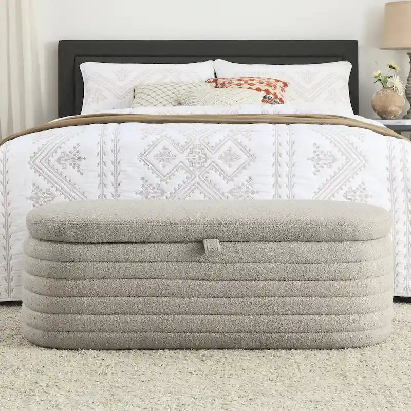 Banc de rangement en tissu Teddy, tabouret de bout de lit avec charnière de sécurité