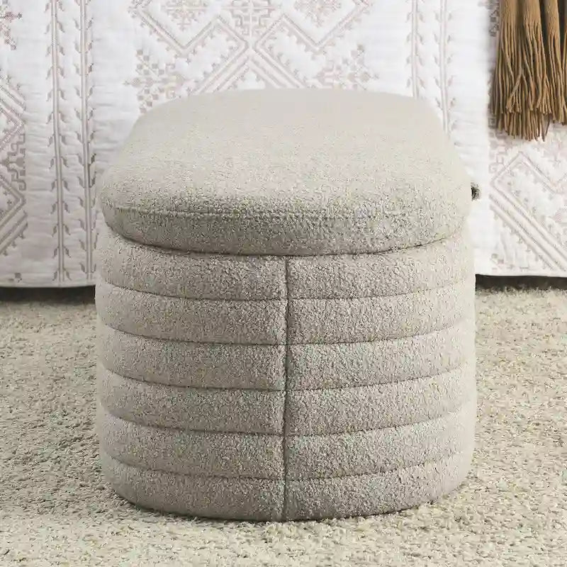 Banc de rangement en tissu Teddy, tabouret de bout de lit avec charnière de sécurité