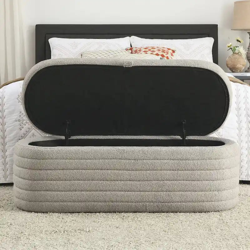 Banc de rangement en tissu Teddy, tabouret de bout de lit avec charnière de sécurité