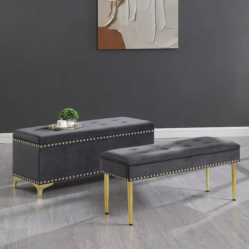 Lot de 2 banquettes doubles en velours capitonné avec pieds dorés et clous décoratifs