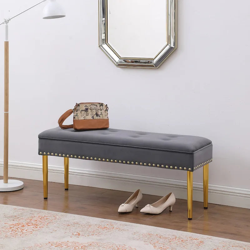 Lot de 2 banquettes doubles en velours capitonné avec pieds dorés et clous décoratifs