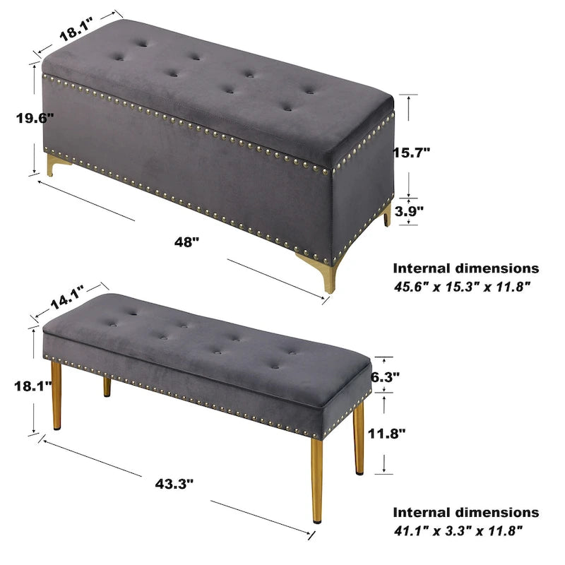 Lot de 2 banquettes doubles en velours capitonné avec pieds dorés et clous décoratifs