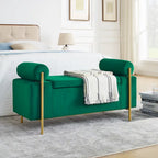 Banc de rangement ottoman en velours avec accoudoirs cylindriques et pieds en fer