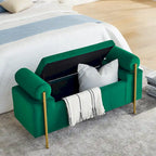 Banc de rangement ottoman en velours avec accoudoirs cylindriques et pieds en fer