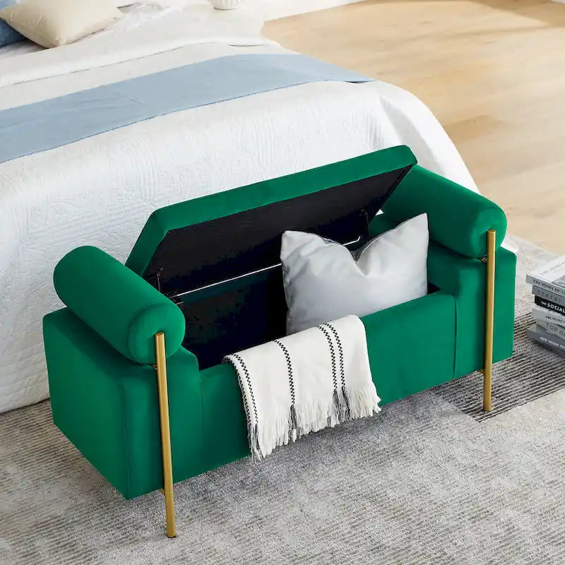 Banc de rangement ottoman en velours avec accoudoirs cylindriques et pieds en fer