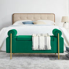 Banc de rangement ottoman en velours avec accoudoirs cylindriques et pieds en fer