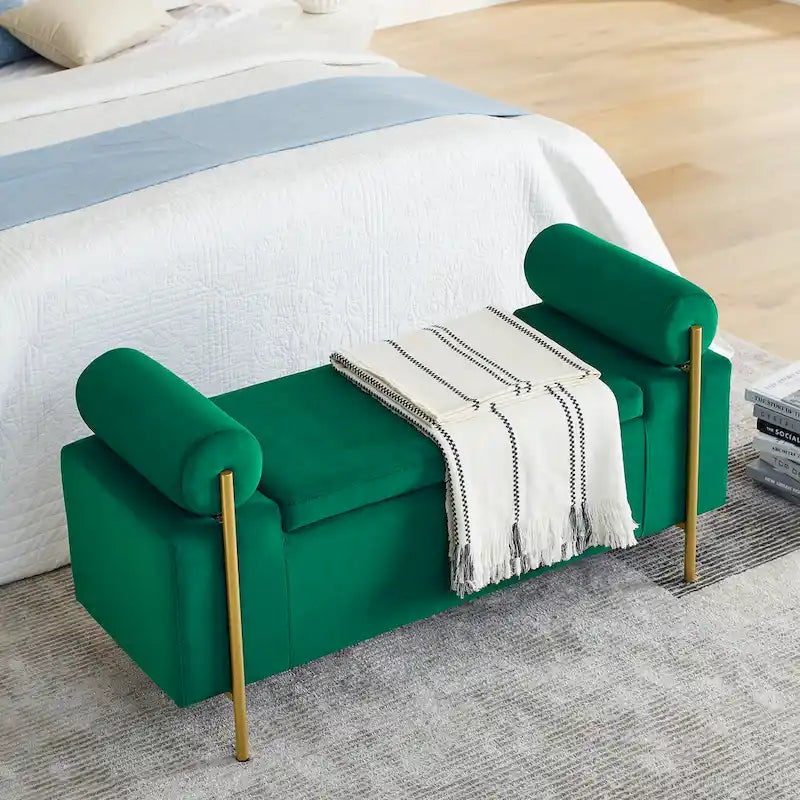 Banc de rangement ottoman en velours avec accoudoirs cylindriques et pieds en fer