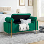 Banc de rangement ottoman en velours avec accoudoirs cylindriques et pieds en fer