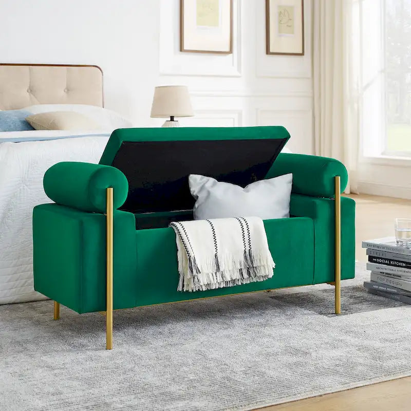 Banc de rangement ottoman en velours avec accoudoirs cylindriques et pieds en fer