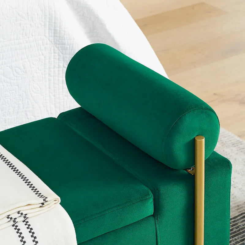 Banc de rangement ottoman en velours avec accoudoirs cylindriques et pieds en fer