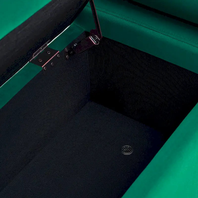 Banc de rangement ottoman en velours avec accoudoirs cylindriques et pieds en fer