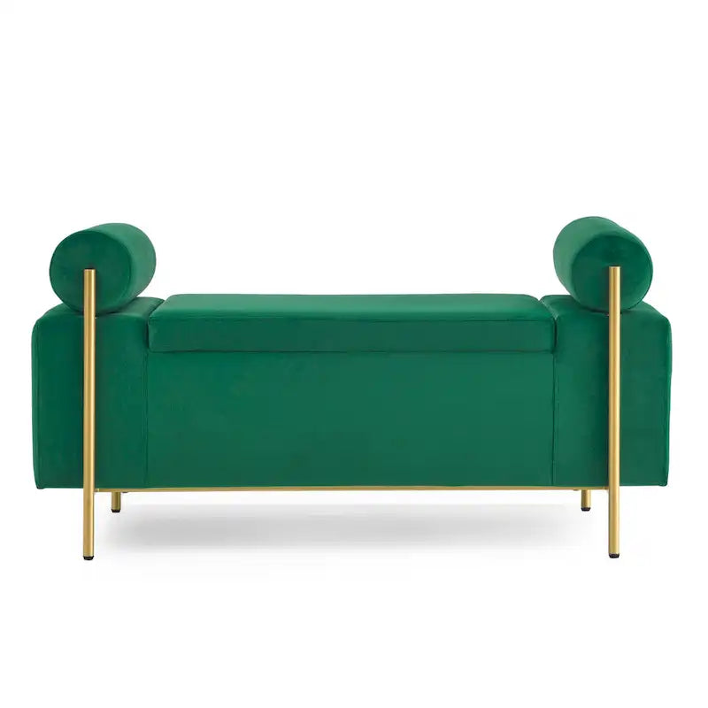 Banc de rangement ottoman en velours avec accoudoirs cylindriques et pieds en fer