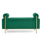 Banc de rangement ottoman en velours avec accoudoirs cylindriques et pieds en fer