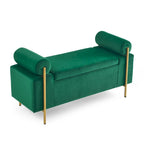 Banc de rangement ottoman en velours avec accoudoirs cylindriques et pieds en fer