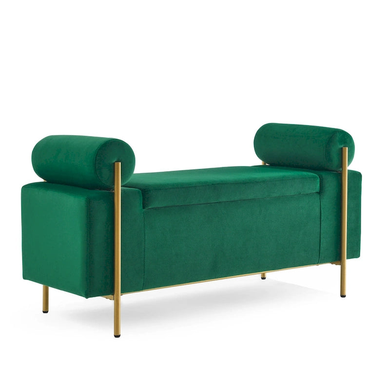 Banc de rangement ottoman en velours avec accoudoirs cylindriques et pieds en fer