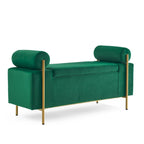 Banc de rangement ottoman en velours avec accoudoirs cylindriques et pieds en fer