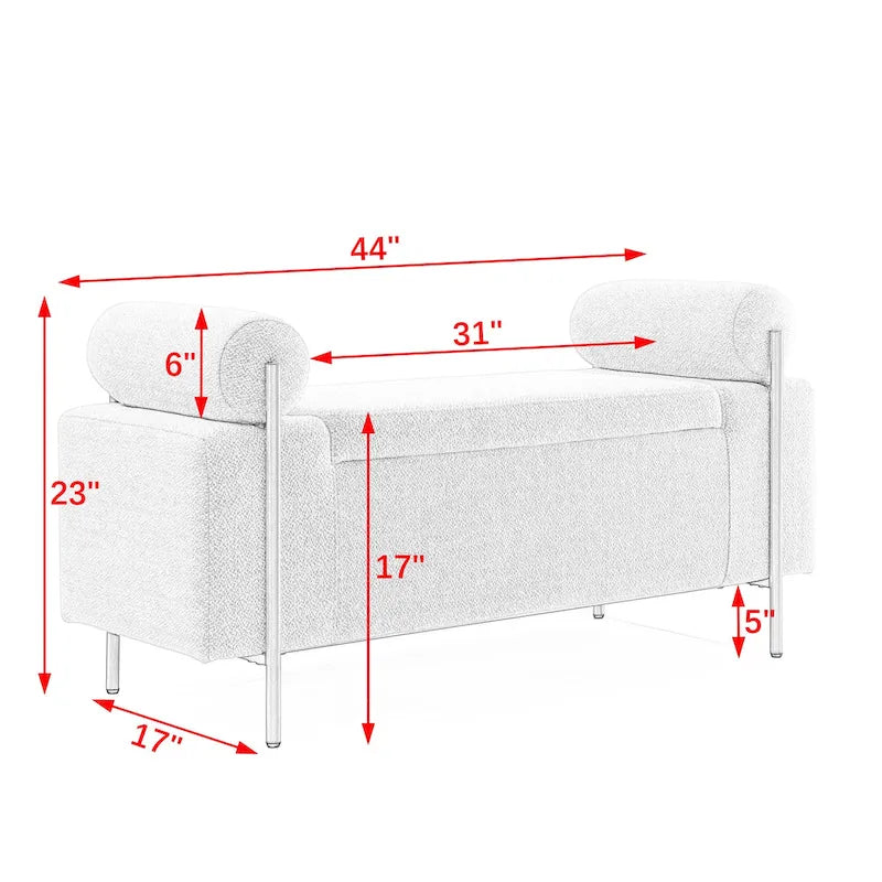 Banc de rangement ottoman en velours avec accoudoirs cylindriques et pieds en fer