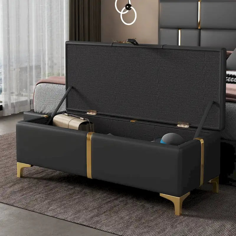 Banc de rangement ottoman en tissu PU avec pieds en métal, entièrement assemblé à l'exception des pieds